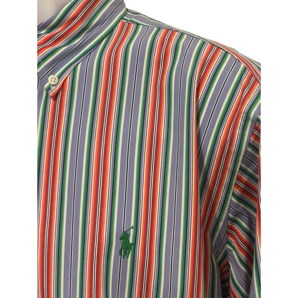 Ralph Lauren Men Shirt L Button Down Orange Multi Stripe Navy Pony Button Down